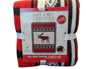 Moose on the Loose No Sew Fleece Throw Kit, DIY, Red and Black