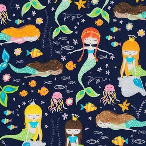 Mermaid Fabric, Timeless Treasures, Pattern # 7436, Swimming Glitter Mermaids, 100% Cotton Woven Fabric