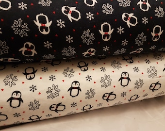 Penguin Fabric, Christmas Flannel, Penguin and Snowflake toss on Navy and White FLANNEL, fabric by the Yard