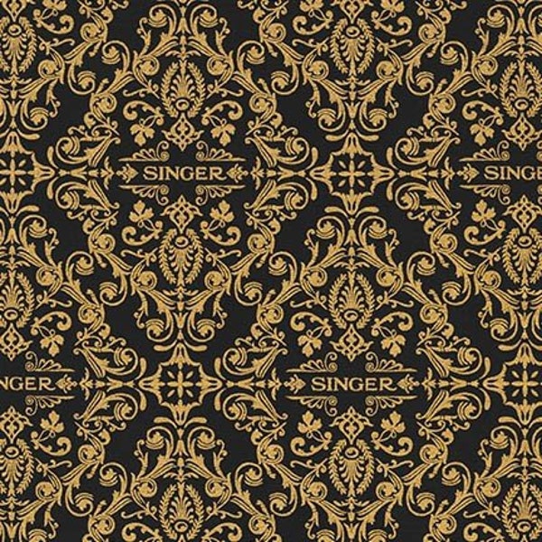 Singer fabric, Singer, Robert Kaufman - Sewing with Singer Metallic - Black fabric, Metallic fabric by the Yard, fabric by the Metre