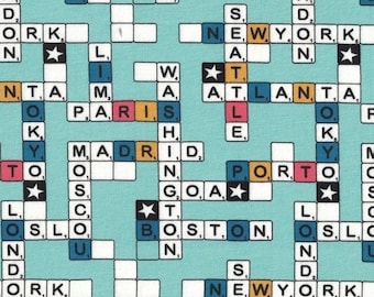 Tejido de punto jersey elástico con estampado de Scrabble: mezcla de algodón y licra azul
