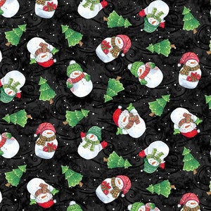 Christmas Fabric, Tossed Snowmen fabric on Black by Blank Quilting Corp.
