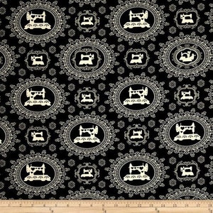 Thimble Pleasures Dan Morris Quilting Treasures, Sewing Machines in Floral Frames on Black fabric by the Yard