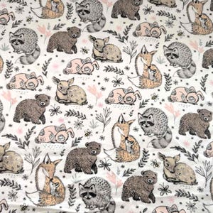 Woodland Hugs Cotton Flannel Fabric – 44&quot; Wide – Fox, Bear, Raccoon, Deer & Bunny on Cream – By the Yard or Metre