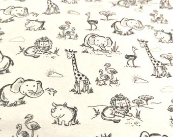 Nursery Flannel, Baby Jungle Animals in Black and White, flannel fabric by the Yard