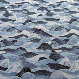 May include: Abstract textile pattern featuring a repeating design of stylized waves in shades of blue, from light to dark. The waves have a textured appearance, with subtle lines and variations in color, creating a sense of depth and movement. The overall effect is a calming, oceanic theme.