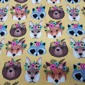 Animal Heads fabric, Woodland Forest Animal Faces Fox Raccoon Bear Nursery fabric, Cotton Fabric image 2