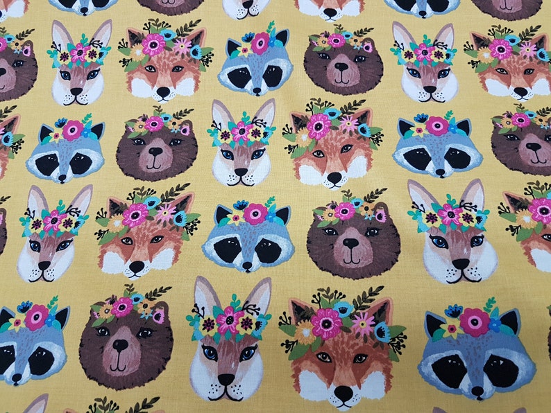 Animal Heads fabric, Woodland Forest Animal Faces Fox Raccoon Bear Nursery fabric, Cotton Fabric image 2