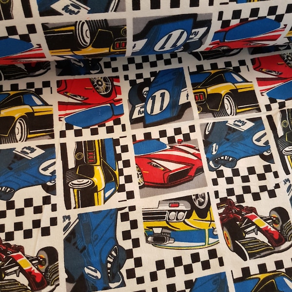 Race Car fabric, FLANNEL Race Car Fabric, Race Car Block Flannel fabric by the Yard