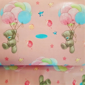 Tela de algodón con estampado de osito de peluche: globo, decoración infantil rosa