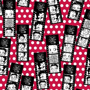 ベティ・ブープのフィルムストリップを赤いフランネル生地にプリント。Camelot Fabrics のライセンス商品。フランネル生地