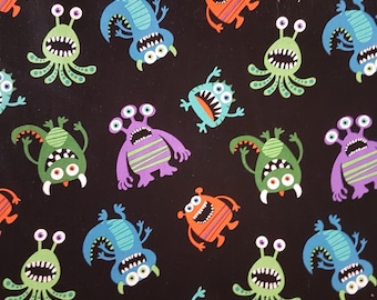 Monster Fabric, 100% Cotton Halloween fabric, Black Alien Fabric