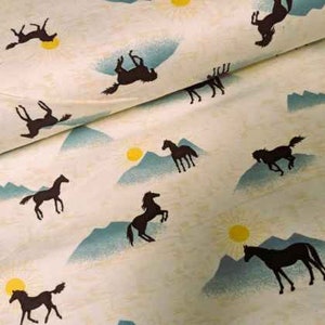 Horse FLANNEL fabric by the Yard, Black Stallion with Mountain and Sun