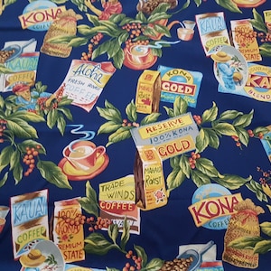 Coffee Fabric by the Yard, Kauai Coffee, Kona Coffee, Aloha Coffee 100% Cotton Fabric