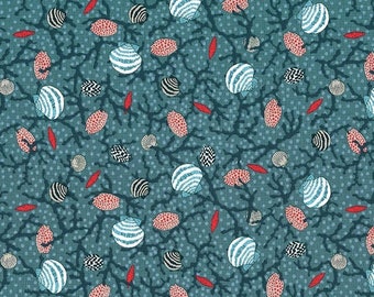 Clams Seashells, Sea Dreams Coral hiding Sage Michael Miller Quilting Cotton Fabric by the Yard, Fabric by the Metre