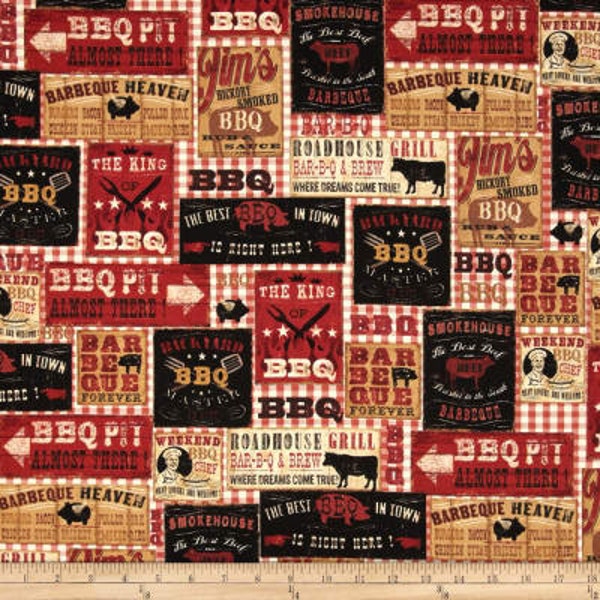 Spice BBQ Signs Fabric by Robert Kaufman, Cooking, Fabric by the Yard, Barbecue Fabric Red & Black Apron Fabric, APJ-13283-163