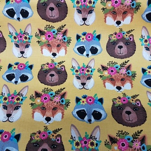 Animal Heads fabric, Woodland Forest Animal Faces Fox Raccoon Bear Nursery fabric, Cotton Fabric image 1