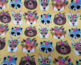 Animal Heads fabric, Woodland Forest Animal Faces Fox Raccoon Bear Nursery fabric, Cotton Fabric