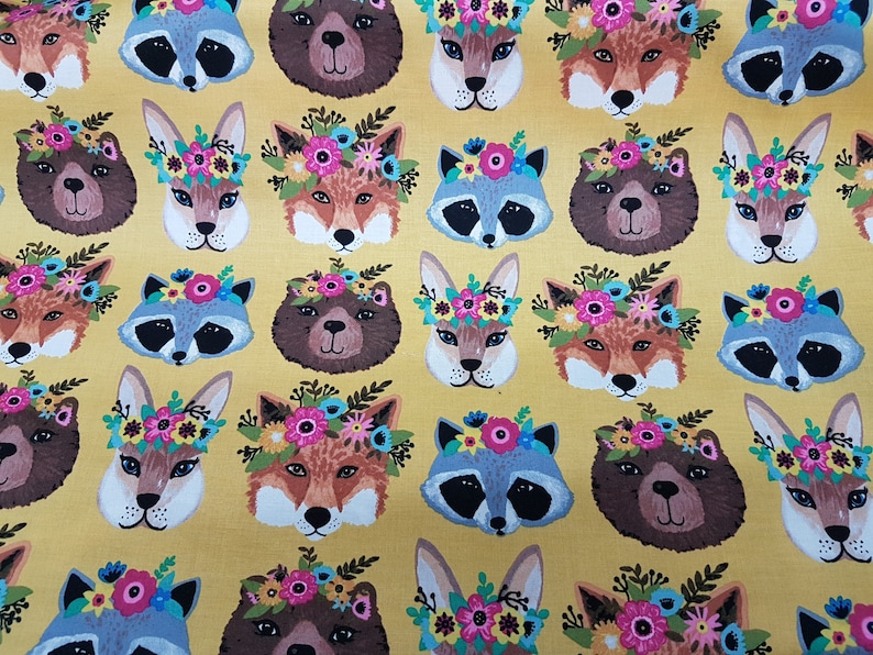 Animal Heads fabric, Woodland Forest Animal Faces Fox Raccoon Bear Nursery fabric, Cotton Fabric image 1