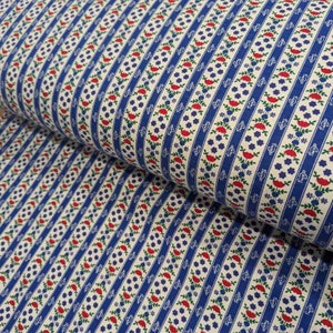 Lanz of Salzburg FLANNEL fabric, Blue Strip Floral on White Flannel fabric, V3