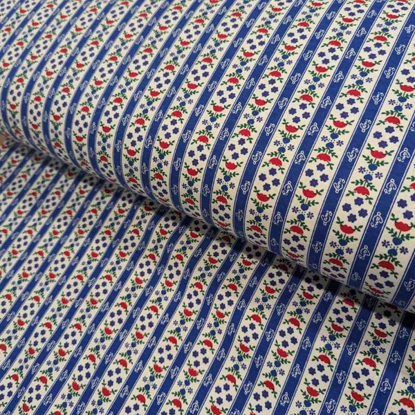 Lanz de Salzbourg tissu FLANELLE, Blue Strip Floral sur tissu White Flanelle, V3