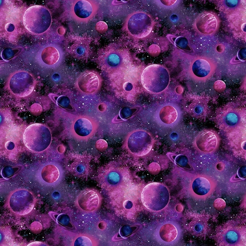 Puede incluir: Un patr&oacute;n sin costuras que presenta una galaxia con planetas, estrellas y nebulosas de color p&uacute;rpura, rosa y azul.