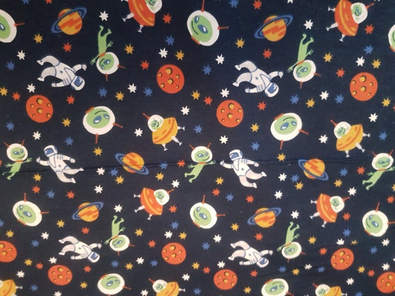 Astronaut Alien Flannel Fabric: Navy Cotton, Outer Space Theme
