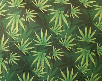 Green MARIJUANA LEAVES Plant Fabric, Cannibas fabric by the Yard
