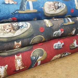 Cat Fabric, Cat Lover Fabric in Brown, Red and Navy, 100% Premium Cotton, fabric by the yard, fabric by the metre