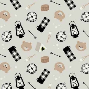 Camping FLANNEL in Cream, Camper Essentials flannel fabric by the Yard, 21220902B-01