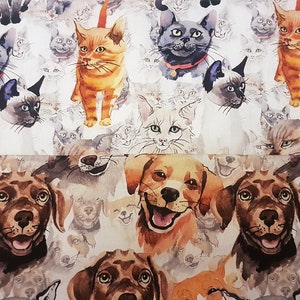 Dog Fabric, Cat Fabric, Watercolor Fabric, Premium 100% Cotton, fabric by the yard, fabric by the metre