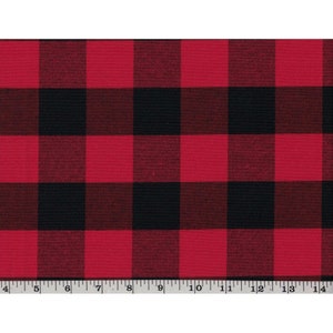 May include: Red and black buffalo check fabric. The fabric is woven with a checkered pattern.