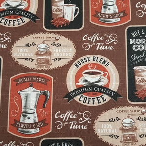 May include: A brown fabric with a repeating pattern of vintage coffee themed illustrations. The illustrations feature coffee mugs, coffee pots, coffee grinders, and text that says "Coffee Time", "House Blend", "Premium Quality Coffee", "Locally Brewed", "Coffee Shop", "Hot & Fresh Morning Coffee", and "100% Natural Freshly Ground".