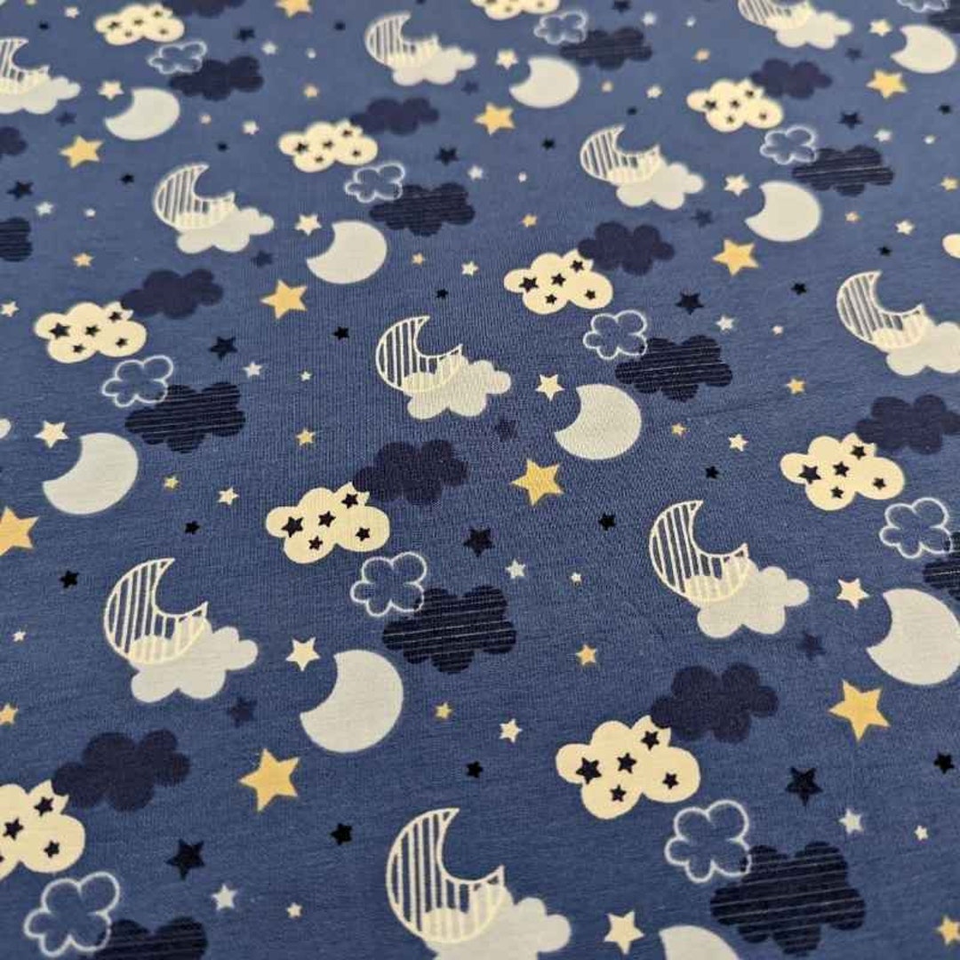 KNIT, Euro Jersey Knit by the Yard, Celestial Clouds, Moon and Stars on