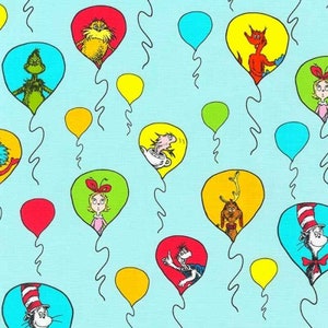Celebrate Seuss fabric by the Yard, Dr. Seuss Fabric, ADE-74846-70 AQUA by Dr. Seuss Enterprises