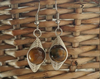 Brown Tiger's Eye Herringbone Wire Wrapped Earrings