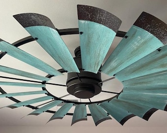 Weathered Texas Turquoise with Patina Bronze Tips Windmill Ceiling Fan | The Patriot Fan