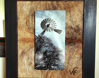 The Aeromotor | Western Cowhide Framework - Rustic Farmhouse Style Custom Photo Frames, American Made, Distressed Cowhide, Personalized Gift