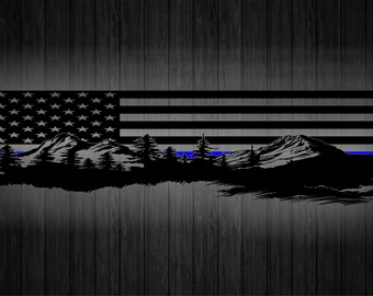 American Flag with mountains rear window decal flat black CUT TO FIT