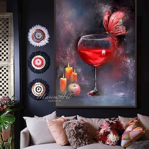 Original oil painting, original art on canvas, butterfly art, glass of wine wall art, butterfly painting, butterfly artwork, red wall decor