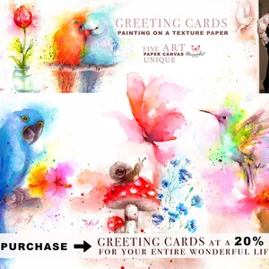 Op de afbeelding: Wenskaarten geschilderd op textuurpapier met aquarel illustraties van vogels, bloemen en een slak op een paddenstoel. De tekst "Wenskaarten met 20% korting voor je hele prachtige leven." staat gedrukt op de onderkant van de kaart.