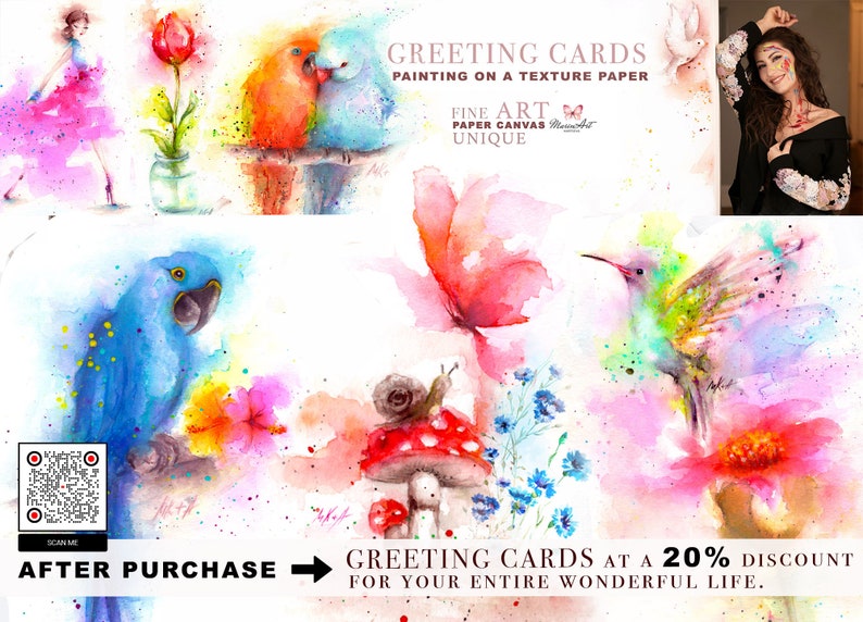 Op de afbeelding: Wenskaarten geschilderd op textuurpapier met aquarel illustraties van vogels, bloemen en een slak op een paddenstoel. De tekst "Wenskaarten met 20% korting voor je hele prachtige leven." staat gedrukt op de onderkant van de kaart.