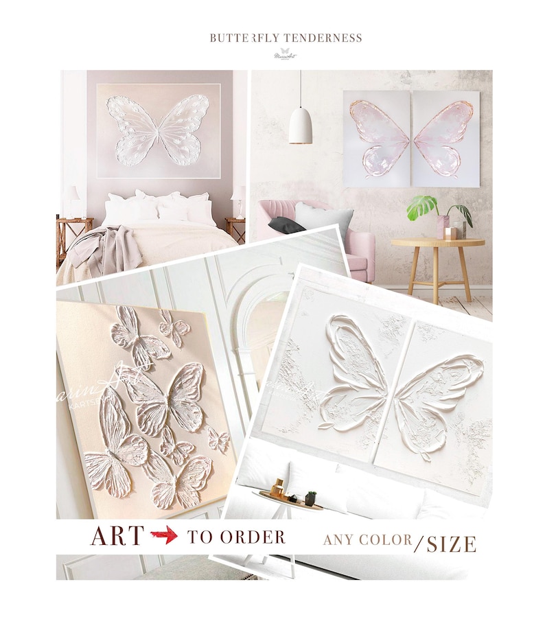 Op de afbeelding: Drie verschillende wandkunstontwerpen met witte vlinders op een textuur achtergrond. De ontwerpen zijn verkrijgbaar in elke kleur en maat. De tekst "Butterfly Tenderness" staat bovenaan de afbeelding.