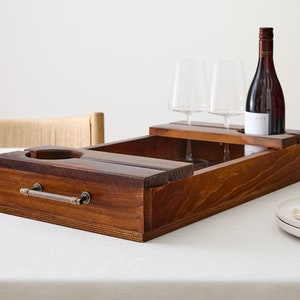 Wooden Wine Bottle & Wine Glass Serving Tray Table Décor Decorative Hosting Tray for Serving Wine image 1