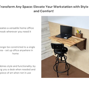 May include: A wooden wall-mounted desk with a laptop, a black stool, and a small wooden organizer with pens and pencils. The desk is made of light and dark wood and has a natural wood finish. The desk is folded up against the wall, creating a compact and space-saving design.