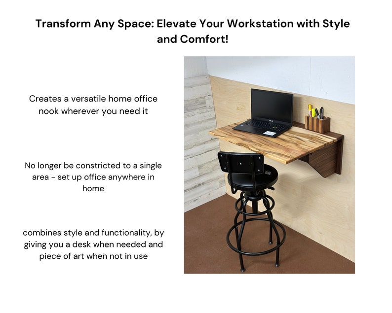 May include: A wooden wall-mounted desk with a laptop, a black stool, and a small wooden organizer with pens and pencils. The desk is made of light and dark wood and has a natural wood finish. The desk is folded up against the wall, creating a compact and space-saving design.