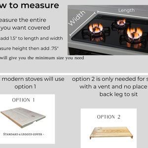 May include: Diagram showing how to measure a stovetop cover. The diagram shows a stovetop with flames and instructions to measure the length and width of the stovetop. The diagram also shows two different types of stovetop covers, one with four legs and one with two legs.