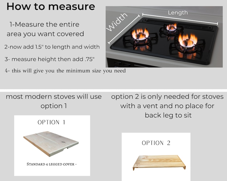 May include: Diagram showing how to measure a stovetop cover. The diagram shows a stovetop with flames and instructions to measure the length and width of the stovetop. The diagram also shows two different types of stovetop covers, one with four legs and one with two legs.