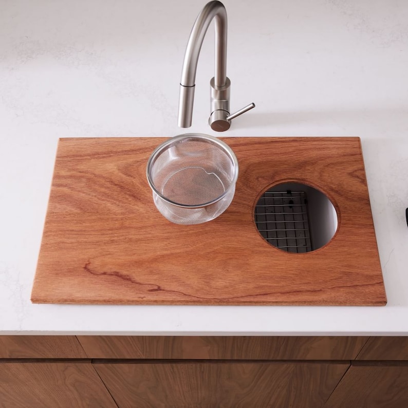 Over-the-Sink Cutting Board w/ Removable Colander Handmade Cutting Board Large Sink Cover Cutting Board for Kitchen Sink Mahogany