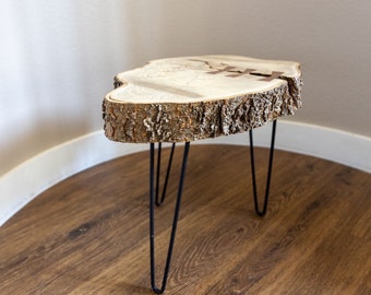 Live Edge Cookie Slice Table| Tree Slice End Table| Natural Edge Hairpin Leg Side Table